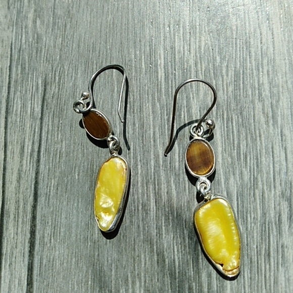 Tiger's eye yellow Pearl Sterling Silver earrings - Picture 2 of 2